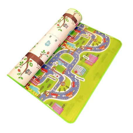 Kétoldalas játszószőnyeg, városi úthálózat és erdei állatvilág mintával, 145×180 cm