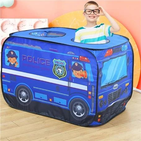 Játszósátor gyerekeknek, rendőrautó mintával, textil hordozóval, 112x70x75 cm, kék
