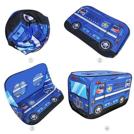 Játszósátor gyerekeknek, rendőrautó mintával, textil hordozóval, 112x70x75 cm, kék