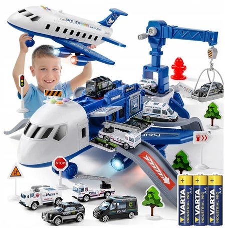 Interaktív rendőrségi repülőjáték készlet nyitható oldalú repülővel, forgatható daruval és 4 rendőrautóval