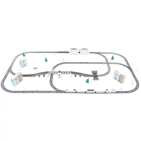 Elektromos vasútmodell készlet, 9 méteres pályával, vonatszerelvénnyel, épületekkel, kiegészítőkkel