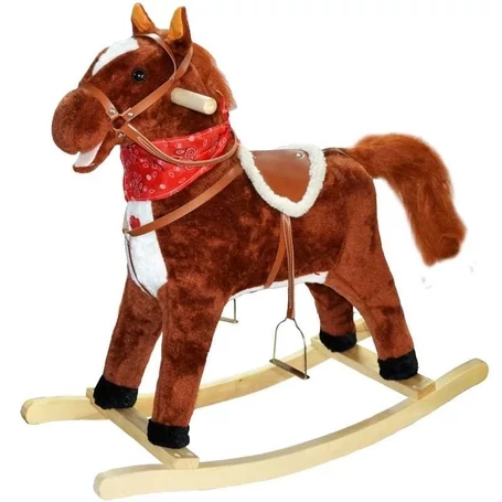 Zenélő, interaktív plüss hintaállat, hintaló, sötétbarna színben, közepes