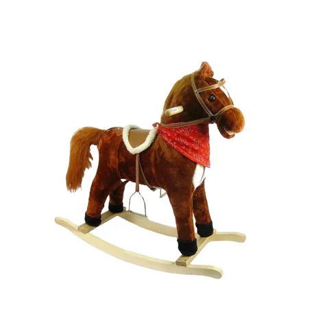 Zenélő, interaktív plüss hintaállat, hintaló, sötétbarna színben, közepes