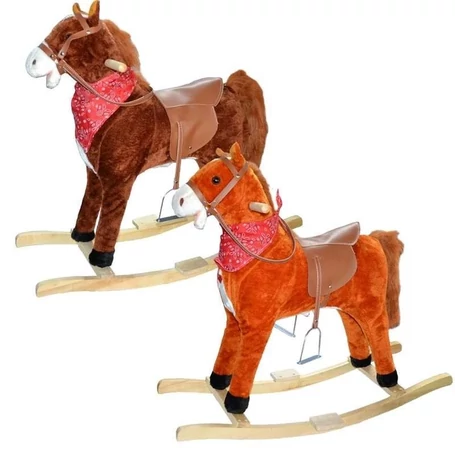 Zenélő, interaktív plüss hintaállat, hintaló, lábtartóval, rozsdabarna színben, nagy