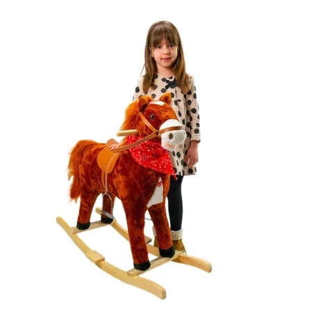 Zenélő, interaktív plüss hintaállat, hintaló, lábtartóval, rozsdabarna színben, nagy