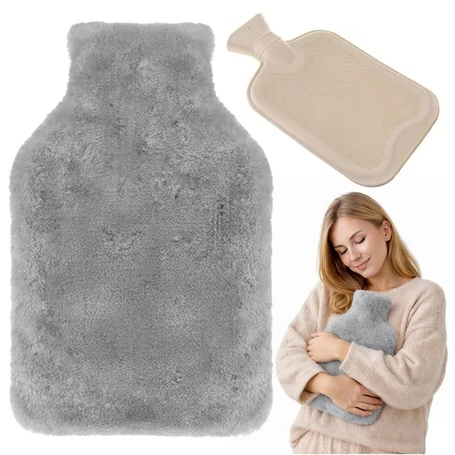 Nagy méretű hőtartó gumi palack puha szürke plüss huzattal, izomlazításhoz, hasi görcsök és megfázás enyhítésére, mosógépben mosható huzattal, 1,8L