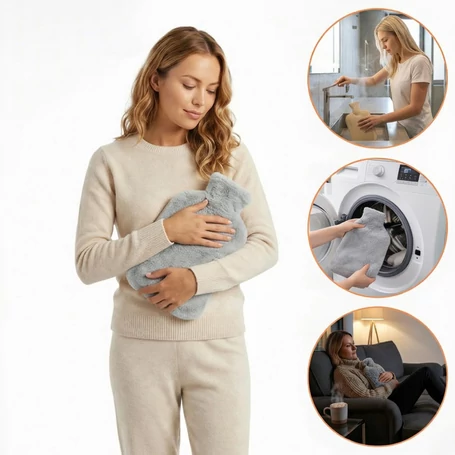 Nagy méretű hőtartó gumi palack puha szürke plüss huzattal, izomlazításhoz, hasi görcsök és megfázás enyhítésére, mosógépben mosható huzattal, 1,8L