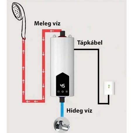 LED kijelzős átfolyós vízmelegítő zuhanyfejjel, 3,5 kW, konyhai vagy fürdőszobai bekötésre, gégecsővel, függőleges bekötéssel, falra szerelhető, RYK-006