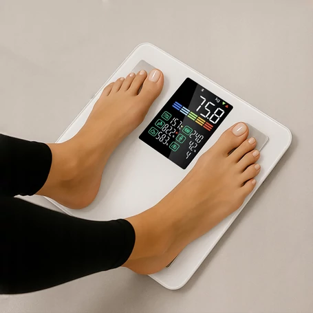 Okosmérleg BIA technológiával, testösszetétel elemzéssel, LCD kijelzővel, Feelfit alkalmazáshoz kompatibilis