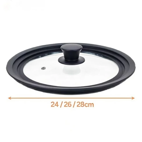 Univerzális 3 az 1-ben üvegfedő szilikon peremmel, 24, 26 és 28 cm-es edényekhez és serpenyőkhöz, hőálló és helytakarékos konyhai kiegészítő