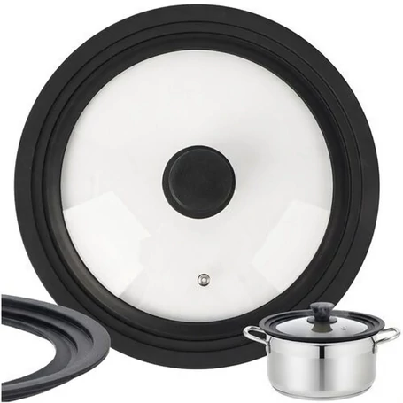 Univerzális 3 az 1-ben üvegfedő szilikon peremmel, 24, 26 és 28 cm-es edényekhez és serpenyőkhöz, hőálló és helytakarékos konyhai kiegészítő