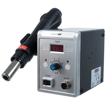 Forrólevegős forrasztópáka, forrasztóállomás, LCD kijelzővel, 3 db fúvókával, 100-500°C, 700W