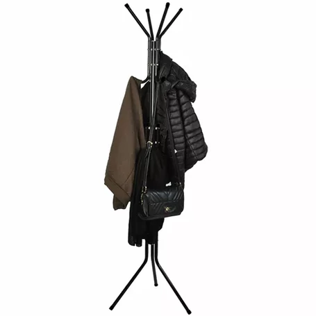 Álló, fém ruhafogas, kabát akasztó 12 db kampóval, 3 szintes, 175 cm magas, fekete színben