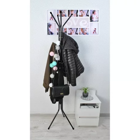 Álló, fém ruhafogas, kabát akasztó 12 db kampóval, 3 szintes, 175 cm magas, fekete színben