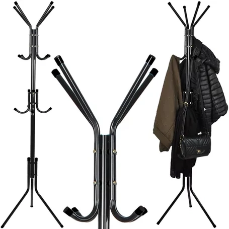 Álló, fém ruhafogas, kabát akasztó 12 db kampóval, 3 szintes, 175 cm magas, fekete színben