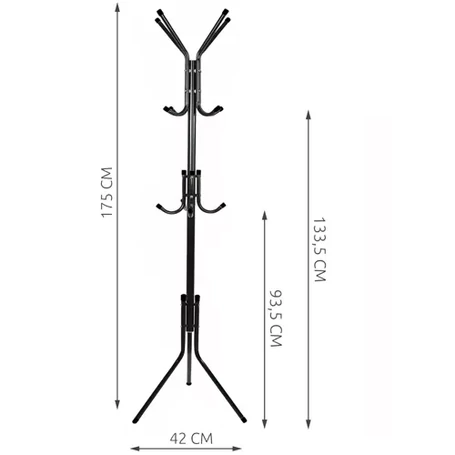 Álló, fém ruhafogas, kabát akasztó 12 db kampóval, 3 szintes, 175 cm magas, fekete színben