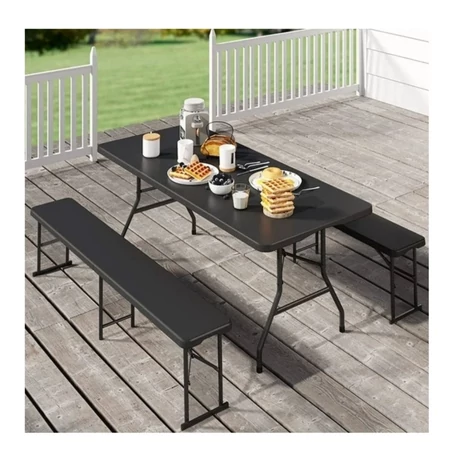 Összecsukható kerti asztal 180 cm + 2 pad, kültéri rendezvényekhez, stabil, könnyen szállítható, időjárásálló