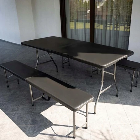 Összecsukható kerti asztal 180 cm + 2 pad, kültéri rendezvényekhez, stabil, könnyen szállítható, időjárásálló