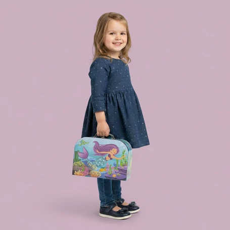 Sellő mintás játék teáskészlet dobozban, teáskannával, tálcával, 9 részes, fém készlettartóban, pasztell színű