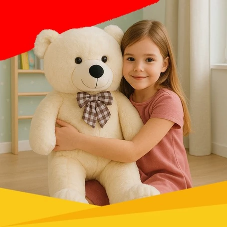 Plüss maci 100 cm magas, krém színű, rugalmas test, hímzett arc, csillogó szemek