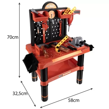 Játék barkácsasztal, munkapad gyerekeknek kéziszerszámokkal, elemes fúróval