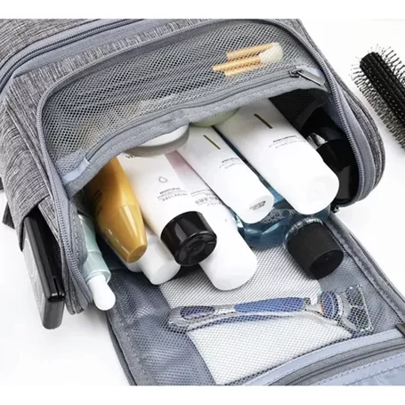 Kozmetikai utazótáska, kihajtható, felakasztható, vízálló, 11 rekesszel, 24,5×21×13,5 cm méretben, szürke színben