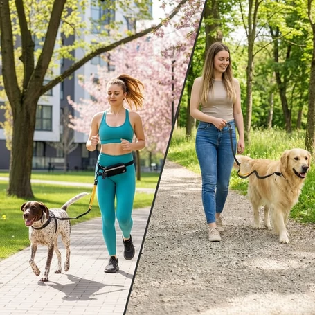 Kéz nélküli, lengéscsillapítós sport póráz derékövvel, 200 cm-es rugalmas póráz, állítható 70–120 cm deréköv, nagytestű kutyákhoz 50 kg-ig, fényvisszaverő elemekkel