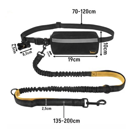 Kéz nélküli, lengéscsillapítós sport póráz derékövvel, 200 cm-es rugalmas póráz, állítható 70–120 cm deréköv, nagytestű kutyákhoz 50 kg-ig, fényvisszaverő elemekkel