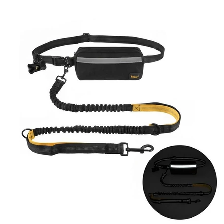 Kéz nélküli, lengéscsillapítós sport póráz derékövvel, 200 cm-es rugalmas póráz, állítható 70–120 cm deréköv, nagytestű kutyákhoz 50 kg-ig, fényvisszaverő elemekkel