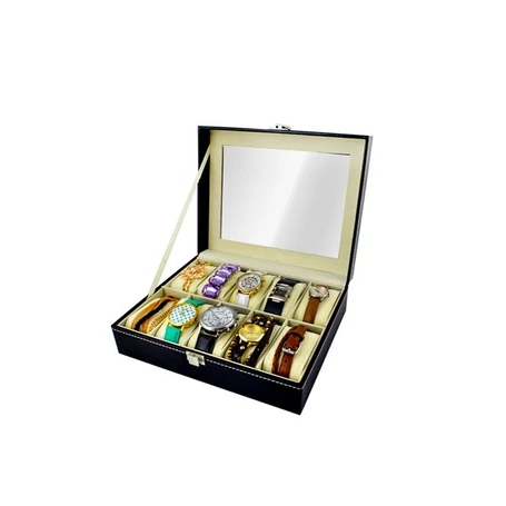 Óra és ékszerrendező 10 rekesz, fekete, elegáns tárolódoboz órákhoz és ékszerekhez