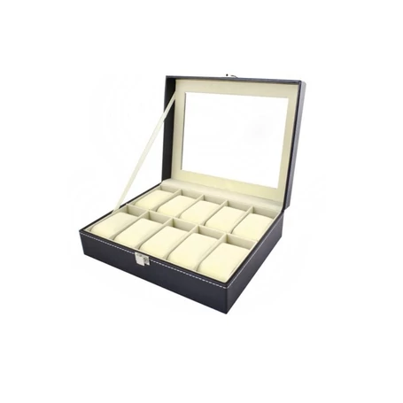 Óra és ékszerrendező 10 rekesz, fekete, elegáns tárolódoboz órákhoz és ékszerekhez