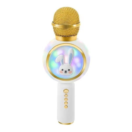 Vezeték nélküli fehér nyuszis karaoke mikrofon és hangszóró, RGB fényekkel és hangtorzítóval 