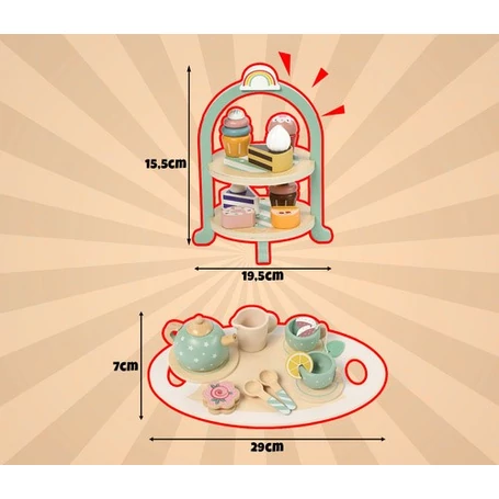 Fából készült játék teás készlet és süteménysziget 15 db kiegészítővel, süteményekkel, tortatartóval