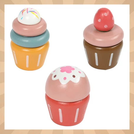 Fából készült játék teás készlet és süteménysziget 15 db kiegészítővel, süteményekkel, tortatartóval