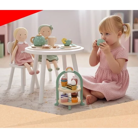 Fából készült játék teás készlet és süteménysziget 15 db kiegészítővel, süteményekkel, tortatartóval