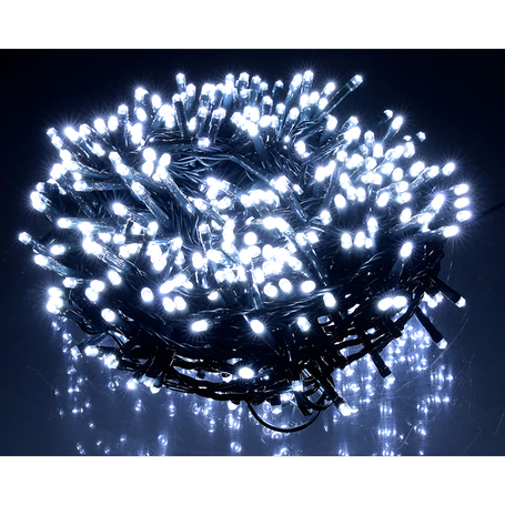 Karácsonyi LED füzér, 500 LED, 5 m hosszú, hideg fehér, 8 világítási effekt, IP44