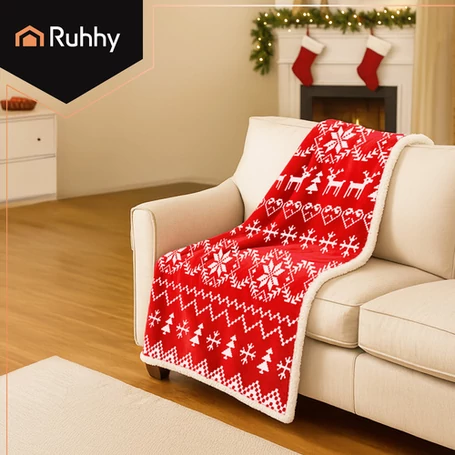 Karácsonyi mintás vastag, puha kétoldalas pléd, takaró, ágytakaró karácsonyi mintával 130x170 cm méretben, piros