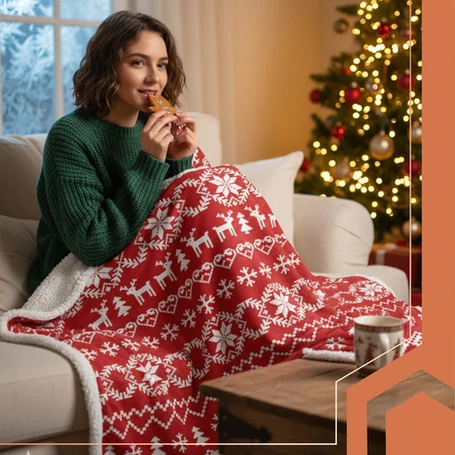 Karácsonyi mintás vastag, puha kétoldalas pléd, takaró, ágytakaró karácsonyi mintával 130x170 cm méretben, piros