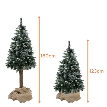 Prémium minőségű törzses műfenyő, karácsonyfa, havas ágakkal, tobozokkal, állítható magassággal, valódi impregnált fa törzzsel, műanyag talppal, 1.8 méter magassággal