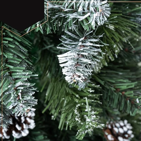 Prémium minőségű törzses műfenyő, karácsonyfa, havas ágakkal, tobozokkal, állítható magassággal, valódi impregnált fa törzzsel, műanyag talppal, 1.8 méter magassággal