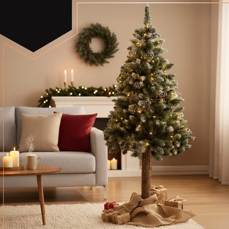 Prémium minőségű törzses műfenyő, karácsonyfa, havas ágakkal, tobozokkal, állítható magassággal, valódi impregnált fa törzzsel, műanyag talppal, 1.8 méter magassággal