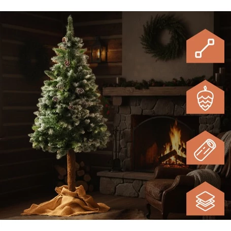 Prémium minőségű törzses műfenyő, karácsonyfa, havas ágakkal, tobozokkal, állítható magassággal, valódi impregnált fa törzzsel, műanyag talppal, 1.8 méter magassággal