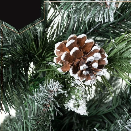 Prémium minőségű törzses műfenyő, karácsonyfa, havas ágakkal, tobozokkal, állítható magassággal, valódi impregnált fa törzzsel, műanyag talppal, 1.8 méter magassággal