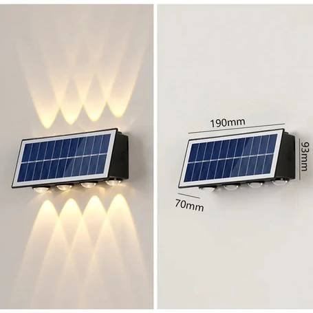 Falra szerelhető, kültéri, napelemes, akkus ledlámpa, 8 ledes