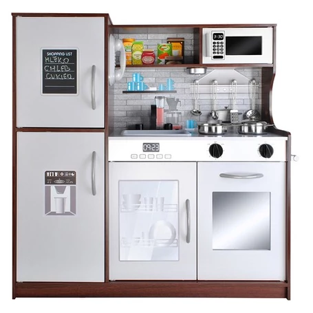 Fából készült játékkonyha, hang- és fényeffektekkel, izgalmas kiegészítőkkel, 80x80x24cm méretben, barna-fehér
