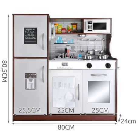 Fából készült játékkonyha, hang- és fényeffektekkel, izgalmas kiegészítőkkel, 80x80x24cm méretben, barna-fehér