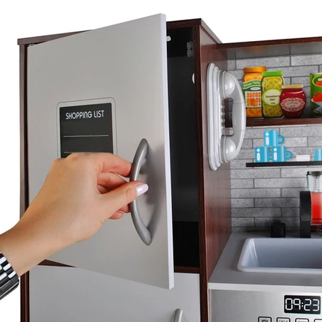 Fából készült játékkonyha, hang- és fényeffektekkel, izgalmas kiegészítőkkel, 80x80x24cm méretben, barna-fehér