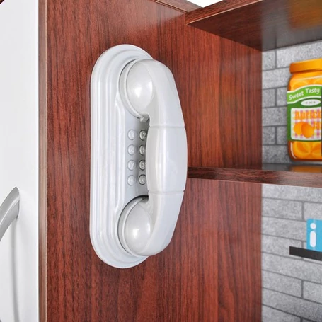 Fából készült játékkonyha, hang- és fényeffektekkel, izgalmas kiegészítőkkel, 80x80x24cm méretben, barna-fehér