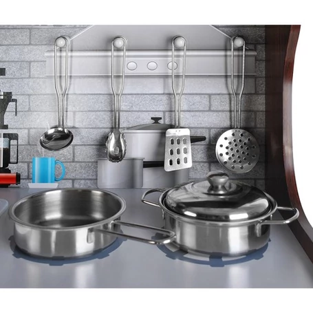 Fából készült játékkonyha, hang- és fényeffektekkel, izgalmas kiegészítőkkel, 80x80x24cm méretben, barna-fehér