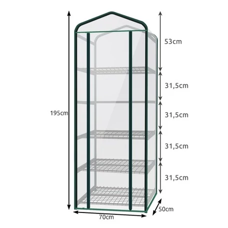 Mini fóliasátor, melegház, fém vázas, 5 polccal, 195 x 70 x 50 cm
